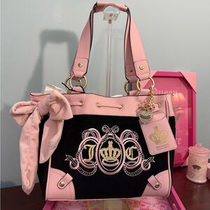 Juicy Couture Black and Pink Embroidered Crest Shoulder Bag